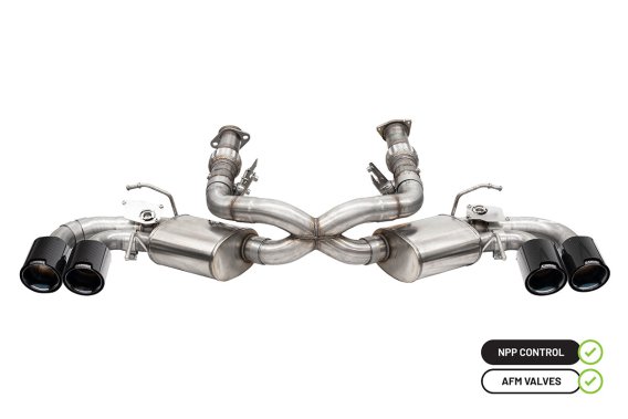 3.0 Inch Cat-Back 4 Valve Dual Rear Exit NPP Exhaust System with Carbon Fiber and Black PVD Flat ...