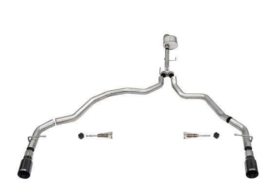 3.0 Inch Dual Rear Exit Catback Exhaust System with Flat Cut 4.0 Inch Dual Wall Black Tips 21-25 ...