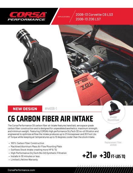 Drytech Filter Carbon Fiber Open Element Air Intake Corvette 2008-13 C6 LS3, 2006-13 Z06 LS7 Cors...