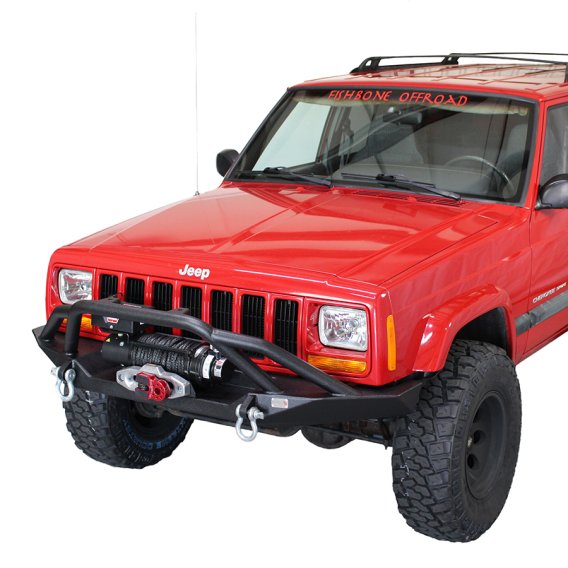 Cherokee XJ Front Winch Bumper W/Grille Guard Bullhead Steel Black Textured Powdercoat Fishbone O...