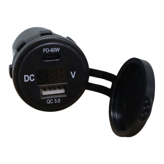 Round Socket Auxiliary Digital Voltage Meter and Charging Port Combo with C-Type QC4.0 60W + A-Ty...