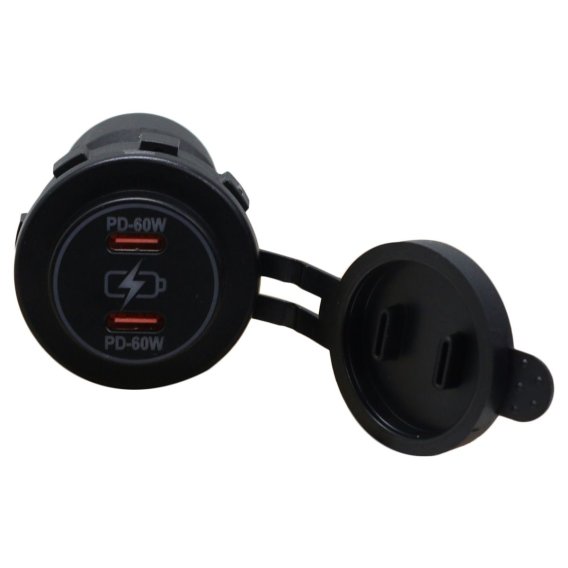Round Socket Auxiliary Charging Port with Dual C-Type PD 60W Outputs Blue Indigo LED and Cover Ra...