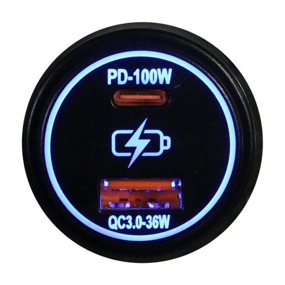 Round Socket Auxiliary Charging Port with C-Type PD 100W + A-Type USB3.0 36W Blue Indigo LED Race...