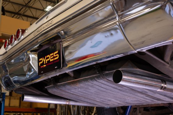 1965-70 Chevy Impala H-Pipe Crossmember Back Exhaust 409 SS Rear Exit Violator Mufflers Pypes Pe...