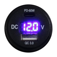 Round Socket Auxiliary Digital Voltage Meter and Charging Port Combo with C-Type QC4.0 60W + A-Ty...