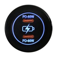 Round Socket Auxiliary Charging Port with Dual C-Type PD 60W Outputs Blue Indigo LED and Cover Ra...