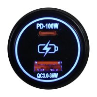 Round Socket Auxiliary Charging Port with C-Type PD 100W + A-Type USB3.0 36W Blue Indigo LED Race...