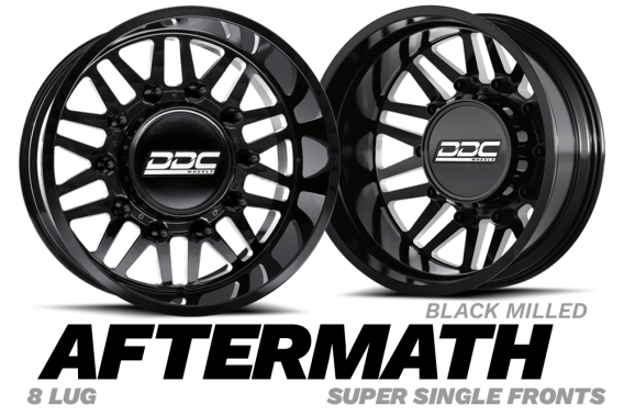 Dually Wheels Aftermath Black/Mill 22x8.25 8x210 SS Fronts For 11-25 Silverado/Sierra 3500 DDC Wh...