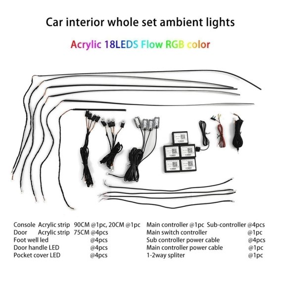 LED Interior Ambient 18-Piece RGBW Multicolor Ultra-Flow Series ColorSmart Vehicle Complete Kit 