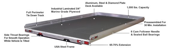 Slide Out Truck Bed Tray 1000 lb Capacity 70 Percent Extension 6 Bearings Alum Tie-Down Rails Ply...