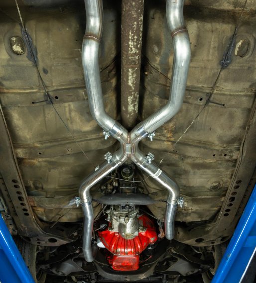 Crossmember Back w/X-Pipe Exhaust System 68-72 Chevelle High Tubro Split Rear Dual Exit 2.5 in In...