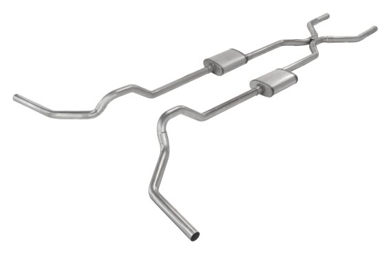 Crossmember Back w/H-Pipe Exhaust System 67-74 GM Split Rear Dual Exit 2.5 in Intermediate And Ta...