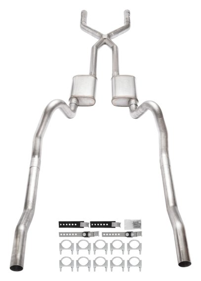 1966-1974 Mopar B-Body 3 Inch Crossmember Back Exhaust System With X-Pipe 409 Stainless With Turb...