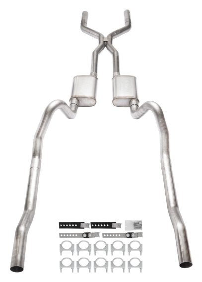 1966-1974 Mopar B-Body 3 Inch Crossmember Back Exhaust System With H-Pipe 409 Stainless With Viol...