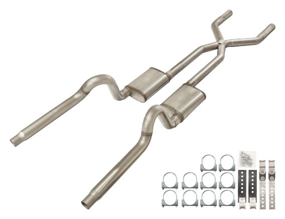 1970-1974 Mopar E-Body 3 Inch Crossmember Back Exhaust System 409 Stainless Violator Mufflers Pyp...